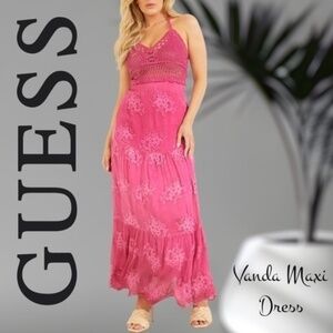 GUESS Vanda Crochet Bustier Embroidered Sheer Silk Skirt Maxi Dress NWT/MD